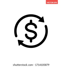 Black round money transfer line icon, simple arrow financial dollar mark sale flat design vector pictogram, infographic interface element for app logo web button ui ux isolated on white background