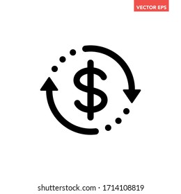 Icono de transferencia de dinero redondo negro, flecha simple financiera marca en dólares venta diseño plano pictograma vector, elementos de interfaz infográfica para el logo de aplicación botón web ui ux aislado en fondo blanco