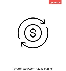 Black round money transfer line icon, simple financial usd dollar mark flat design pictogram, infographic vector for app logo web button ui ux interface elements isolated on white background