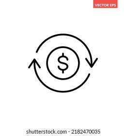 Black round money transfer line icon, simple arrow financial usd dollar mark flat design pictogram, infographic vector for app logo web button ui ux interface elements isolated on white background