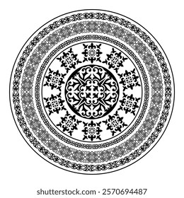 Black round muslim national ornament, persian motiff on white background. Abstract Patterns of Turkic peoples, Kazakh, Kyrgyz, Mongol. Islam, Arabic, Indian, ottoman motif. Gold Medallion, embroidery