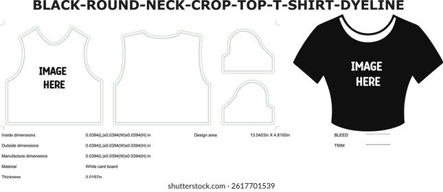 Black round neck crop top t shirt dyeline template design