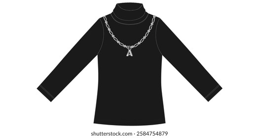 Black Round Neck Long Sleeves Sweater With Alphabet Letter A Chain Vector Illustration.	