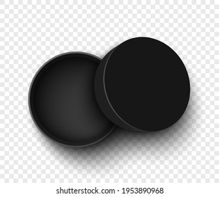 Black round open box with cover on transparent background. Vector illustration.