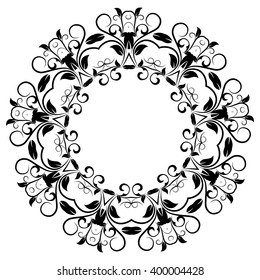 Black Round Ornament With Floral Elements. Flourish Design For Invitations And Greeting Cards. Art Frames Isolated On White. Place For Text. Vector Illustration.