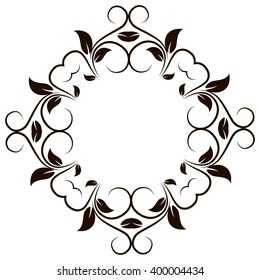 Black Round Ornament With Floral Elements. Flourish Design For Invitations And Greeting Cards. Art Frames Isolated On White. Place For Text. Vector Illustration.