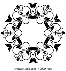 Black Round Ornament With Floral Elements. Flourish Design For Invitations And Greeting Cards. Art Frames Isolated On White. Place For Text. Vector Illustration.
