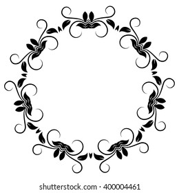 Black Round Ornament With Floral Elements. Flourish Design For Invitations And Greeting Cards. Art Frames Isolated On White. Place For Text. Vector Illustration.