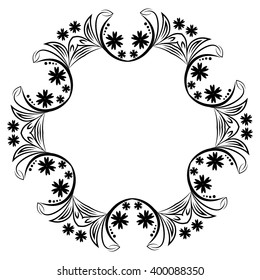 Black Round Ornament With Floral Elements. Flourish Design For Invitations And Greeting Cards. Art Frames 

Isolated On White. Place For Text. Vector Illustration.