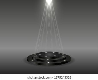 Podio redondo negro sobre fondo oscuro. Velador vacío para la ceremonia de premiación. Plataforma iluminada por focos. Ilustración vectorial.