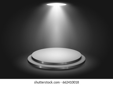 Black round podium on dark background. Empty pedestal for award ceremony. Platform illuminated by spotlights. Vector illustration.