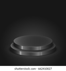 Black round podium on dark background. Empty pedestal for award ceremony. Vector illustration.