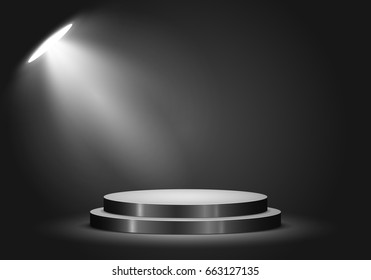 Black round podium on dark background. Empty pedestal for award ceremony. Platform illuminated by spotlights. Vector 

illustration.