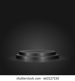 Black round podium on dark background. Empty pedestal for award ceremony. Vector illustration.