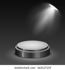 Black round podium on dark background. Empty pedestal for award ceremony. Platform illuminated by spotlights. Vector 

illustration.