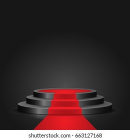 Black round podium on dark background. Empty pedestal with red carpet for award ceremony. Vector illustration.