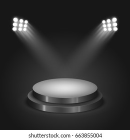 Black round podium on dark background. Empty pedestal for award ceremony. Platform illuminated by spotlights. Vector illustration.