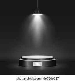 Black round podium on dark background. Empty pedestal for award ceremony. Platform illuminated by spotlights. Vector illustration.