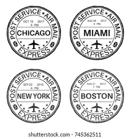 Black round postmarks for envelope with main american cities. Vector illustration isolated on white background