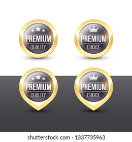 Black round PREMIUM buttons and pointers with metallic gold border. Vector label icons isolated on white background.