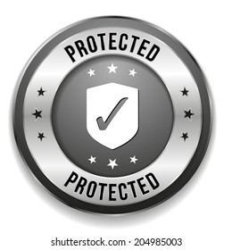 Black round protected button with metallic border on white background