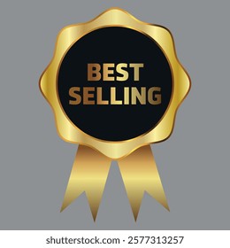 Black round quality emblem in golden frame with ribbon and text Best Selling. Vector on a gray background