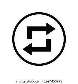 Black round quare shape replay or reload icon, simple digital 2 direction arrows flat design infographic pictogram vector, app logo web button ui ux interface elements isolated on white background