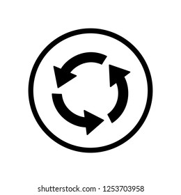 Black round refresh three arrows icon, simple technology flat design concept vector for app ads label web banner button ui ux interface elements isolated on white background