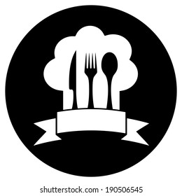 black round restaurant icon with cook hat and kitchen utensil