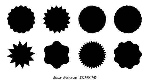 Black round sale tags with spikes. Simple sun icons set.