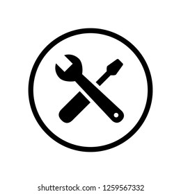 Black round screwdriver and wrench crossed icon, tools needed, simple professional equipment flat design pictogram vector for app logo web button ui ux interface elements isolated on white background