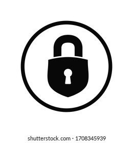 Black round security lock icon, simple safe secured shield chain badge flat design vector pictogram vector for app ads logo web website button ui ux interface elements isolated on white background