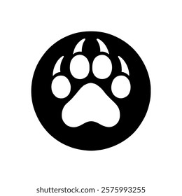 Black round shape with animal paw wolf foot print silhouette icon vector illustration design on white background.