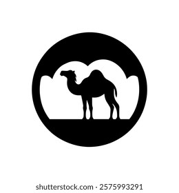 Black round shape with camel silhouette icon vector illustration design on white background.