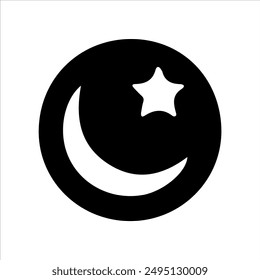 Black round shape with moon and star silhouette on white background. Icon vector sign illustration design.
