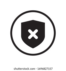 Black round shield shape icon with insecure crossmark x, simple safety issue flat design infographic pictogram vector, app logo web button ui ux interface elements isolated on white background