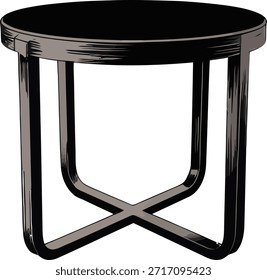 Mesa lateral redonda preta com uma base metálica moderna e minimalista com um suporte transversal em forma de X, apresentada como uma ilustração limpa isolada em um fundo branco puro. Ideal para o conceito de design de interiores