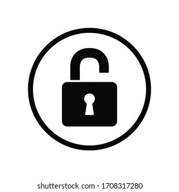 Black round single unlock badge icon, simple unblocked chain keeper flat design vector pictogram vector for app ads logotype web website button ui ux interface elements isolated on white background