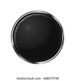Black round speaker. vector sound system. Speaker in silver frame. isolated white background. Graphic illustration. 