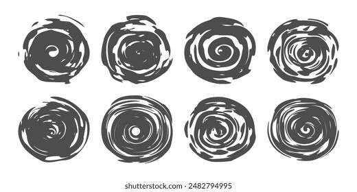 Conjunto de manchas redondas negras aisladas en blanco. Pincel dibujado marco de círculo. Ilustración de textura de rasguño rugoso moderno. Textura de pintura de tinta de marcador. Elemento para el logotipo de diseño, texto, medios sociales destacados cubierta