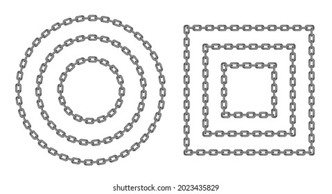 Conjunto redondo negro y cadena cuadrada. Círculo negro y cadena rectangular de varios tamaños. Ilustración vectorial plana aislada en fondo blanco.