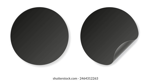Black round stickers with folded corner and shadow.