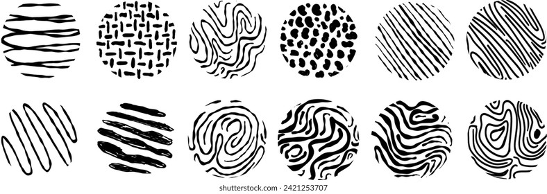 Black round stickers with various hand-drawn pencil crosshatch textures. Vector Naive Doodle Patterns. Design elements for social media posts