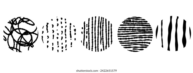 Black round stickers with various hand-drawn pencil crosshatch textures. Vector Naive Doodle Patterns. Design elements for social media posts