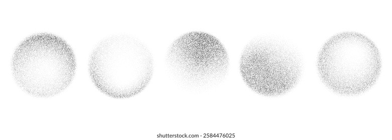 Black round stippled gradient set. Grunge circle dotted shadow collection. Radial noise texture brush pack. Halftone grainy sand diffuse shape bundle. Round spray patterns. Vector dotwork forms