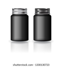Black round supplements, medicine bottle with silver-black screw lid mockup template. Isolated on white background with reflection shadow. Ready to use for package design. Vector illustration.