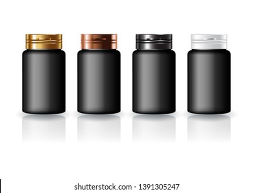 Black round supplements, medicine bottle 4 colors cap lid for beauty or healthy product. Isolated on white background with shadow. Ready to use for package design. Vector illustration.