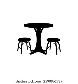 Black Round table and two chairs silhouette vector illustration on white background
