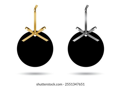 Black round tags mockup with gold and silver bow ribbons. Blank black circle hanging labels template. Flat paper ornaments decoration for promotion and events.