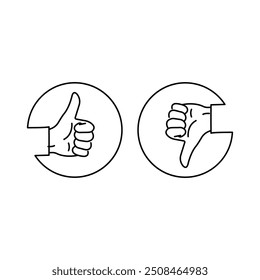 black round thin line thumbs up and down. concept of survey arm gesture like live or die and correct or incorrect people responsiveness. linear modern ui